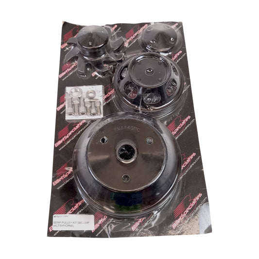 Billet Specialties FM3110PC – Serpentine Pulley Kit (Crank • Water Pump • Alternator) for Small-Block Chevy, Long Water Pump – Polished Billet
