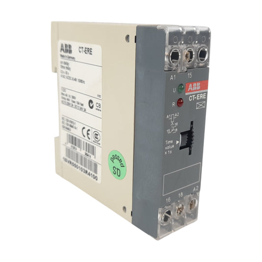 ABB CT-ERE Time Relay – P/N 1SVR550103R4100, ON-Delay 0.3–30 s, 42–48 VAC/DC, 1 C/O (SPDT), AC-15 230 V/3 A · DC-13 24 V/2 A
